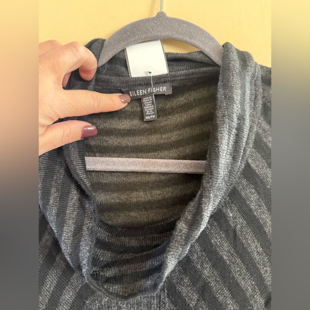 Eileen Fisher Black/Charcoal Striped Cowl Neck Sweater, XS - Picture 4 of 6